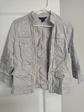 White House Black Market Light Gray Ruffle-Trim 3/4 light weight Jacket/blazer
